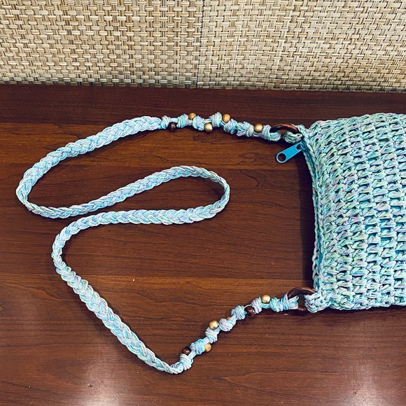 🌟HP🌟NWOT Boho Aqua & Wood Bead Toyo Straw Crossbody Bag by Cappelli Straworld - Picture 6 of 13